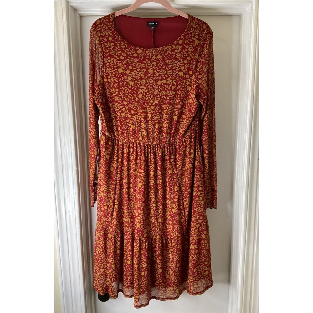 Torrid Size 00 Red Tan Floral Mesh Sleeve Midi Dress Lined Grunge 90s Style